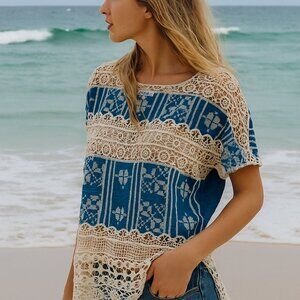 ADORE Beach Coverup Womens Small‎ Blue Beige Crochet Lace Top